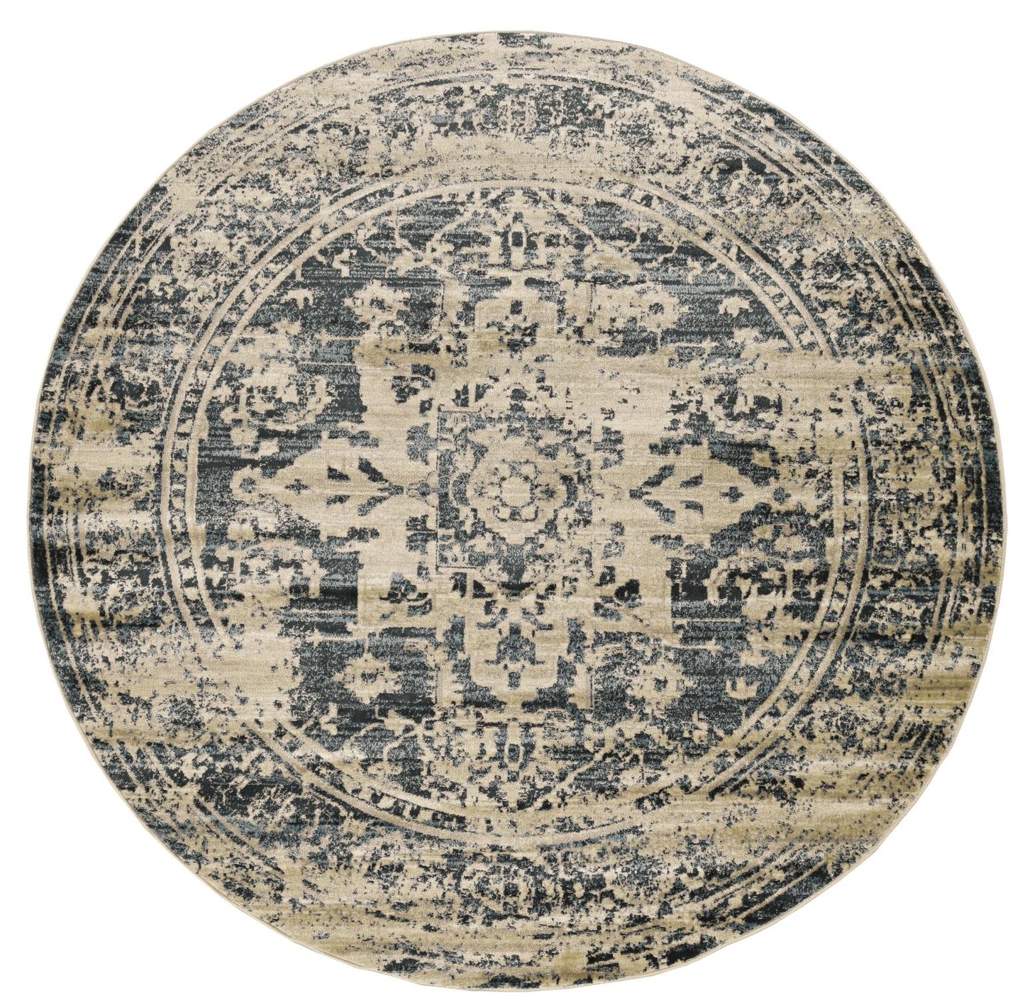 8' Ivory and Blue Oriental Distressed Round Rug