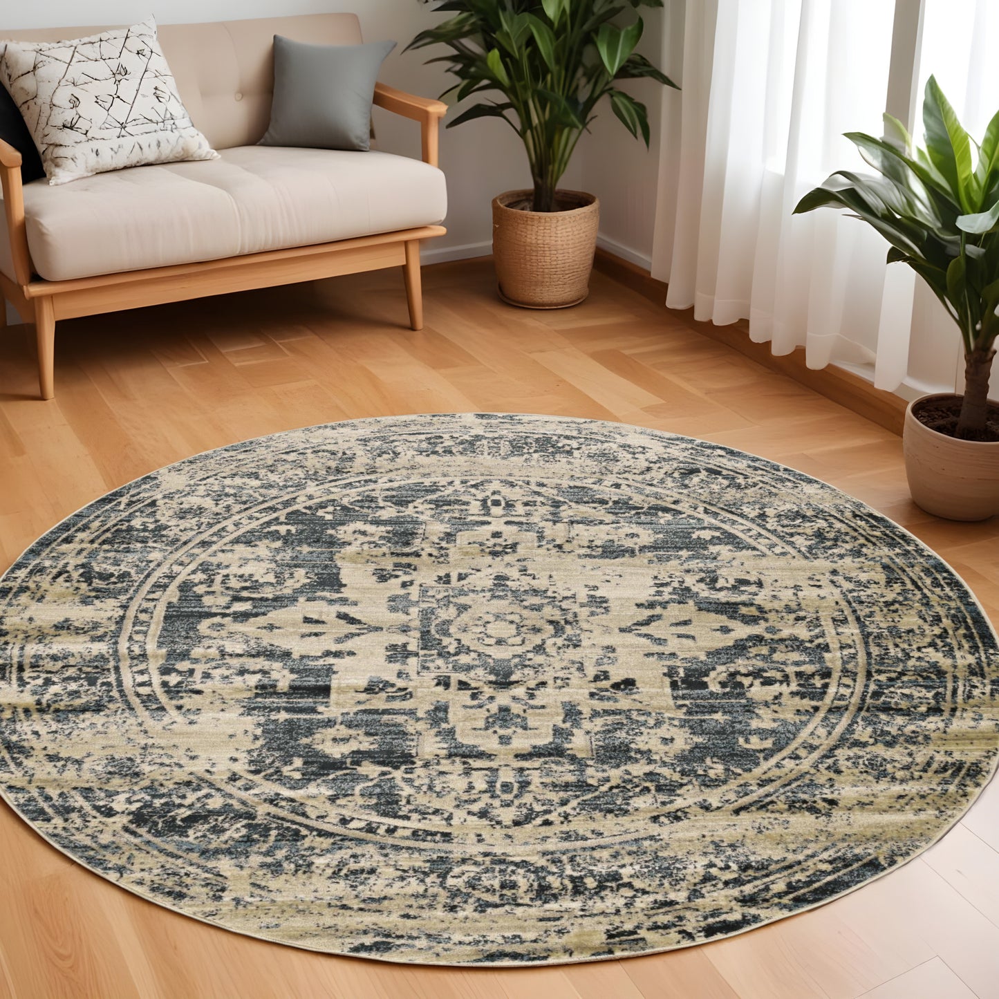 8' Ivory and Blue Oriental Distressed Round Rug