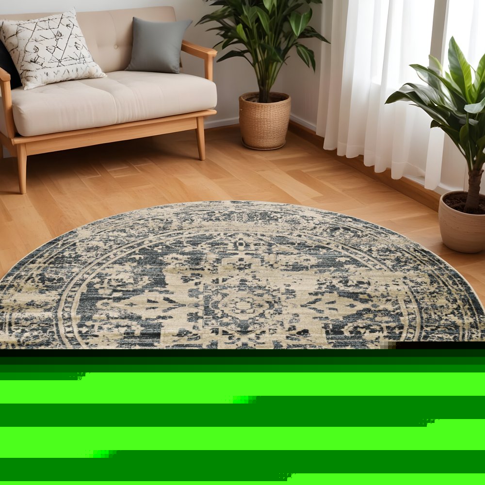 8' Ivory And Blue Oriental Distressed Round Rug
