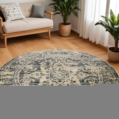 8' Ivory And Blue Oriental Distressed Round Rug
