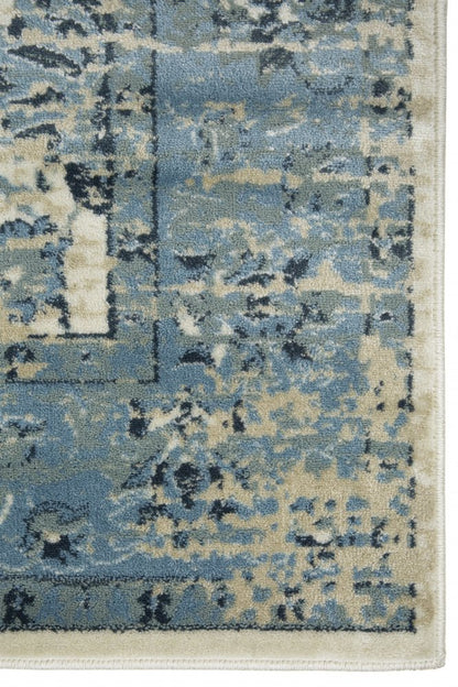 8' Ivory And Sky Blue Oriental Runner Rug