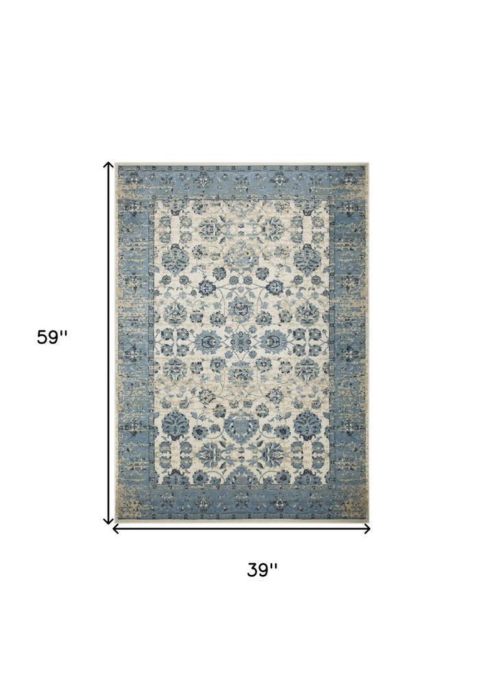 3' X 5' Ivory And Sky Blue Oriental Area Rug
