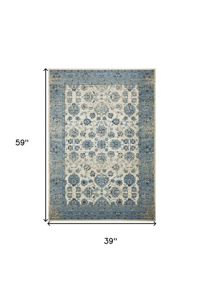 3' X 5' Ivory And Sky Blue Oriental Area Rug