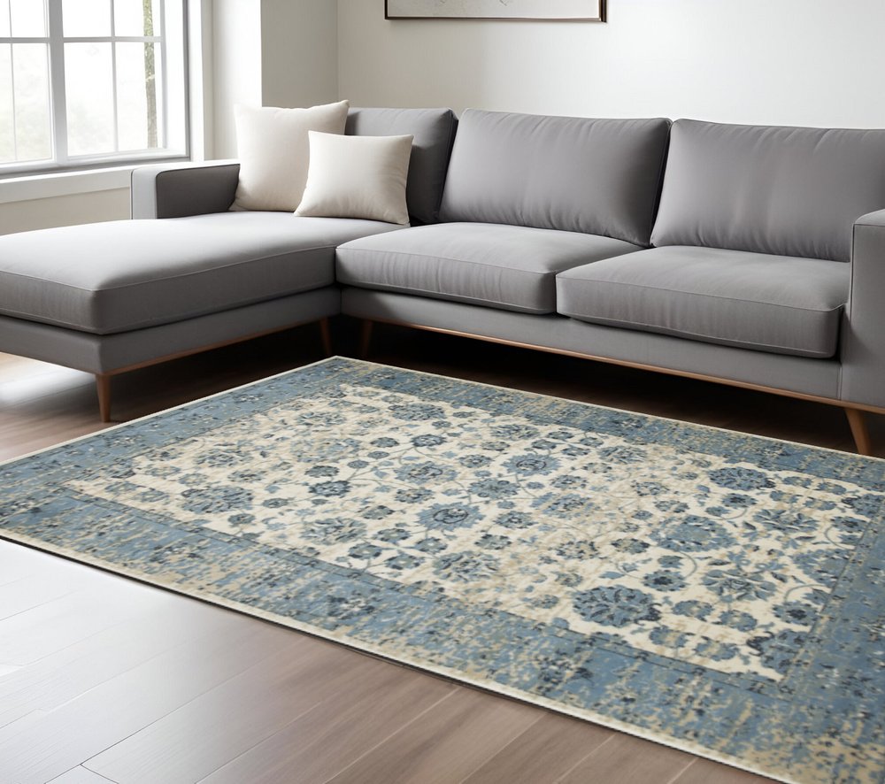 8' X 11' Ivory And Sky Blue Oriental Area Rug
