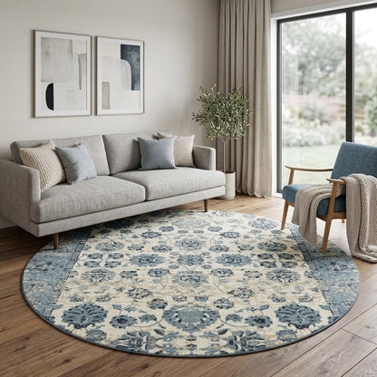 8' Ivory And Sky Blue Oriental Round Rug