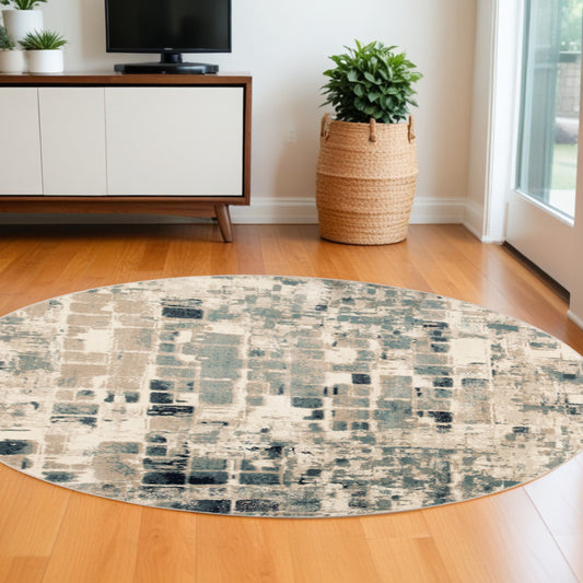 8' Blue and Beige Round Abstract Area Rug