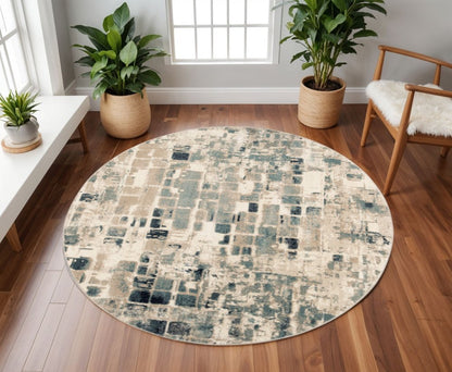 8' Blue and Beige Round Abstract Area Rug