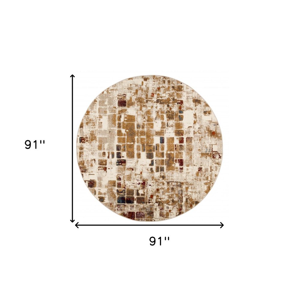 8' Natural And Brown Abstract Distressed Round Rug