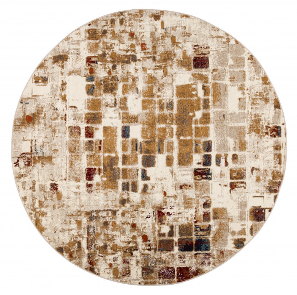 8' Natural And Brown Abstract Distressed Round Rug