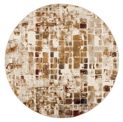8' Natural And Brown Abstract Distressed Round Rug