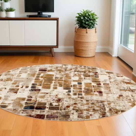 8' Natural Round Abstract Area Rug