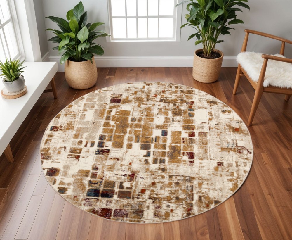 8' Natural And Brown Abstract Distressed Round Rug