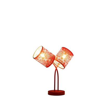 17" Red Metal Two Light Table Lamp With Red Abstract Drum Shade