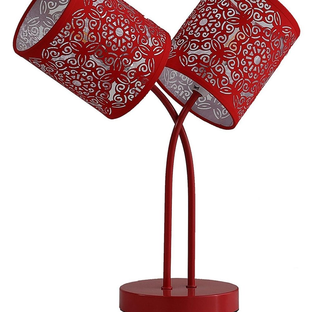 17" Red Metal Two Light Table Lamp With Red Abstract Drum Shade