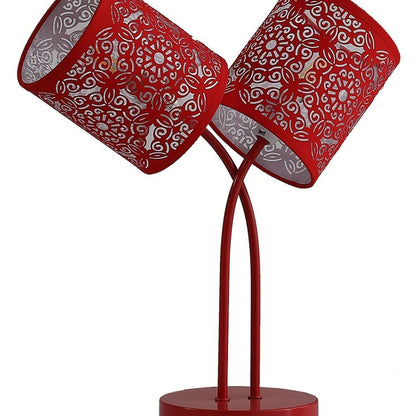 17" Red Metal Two Light Table Lamp With Red Abstract Drum Shade