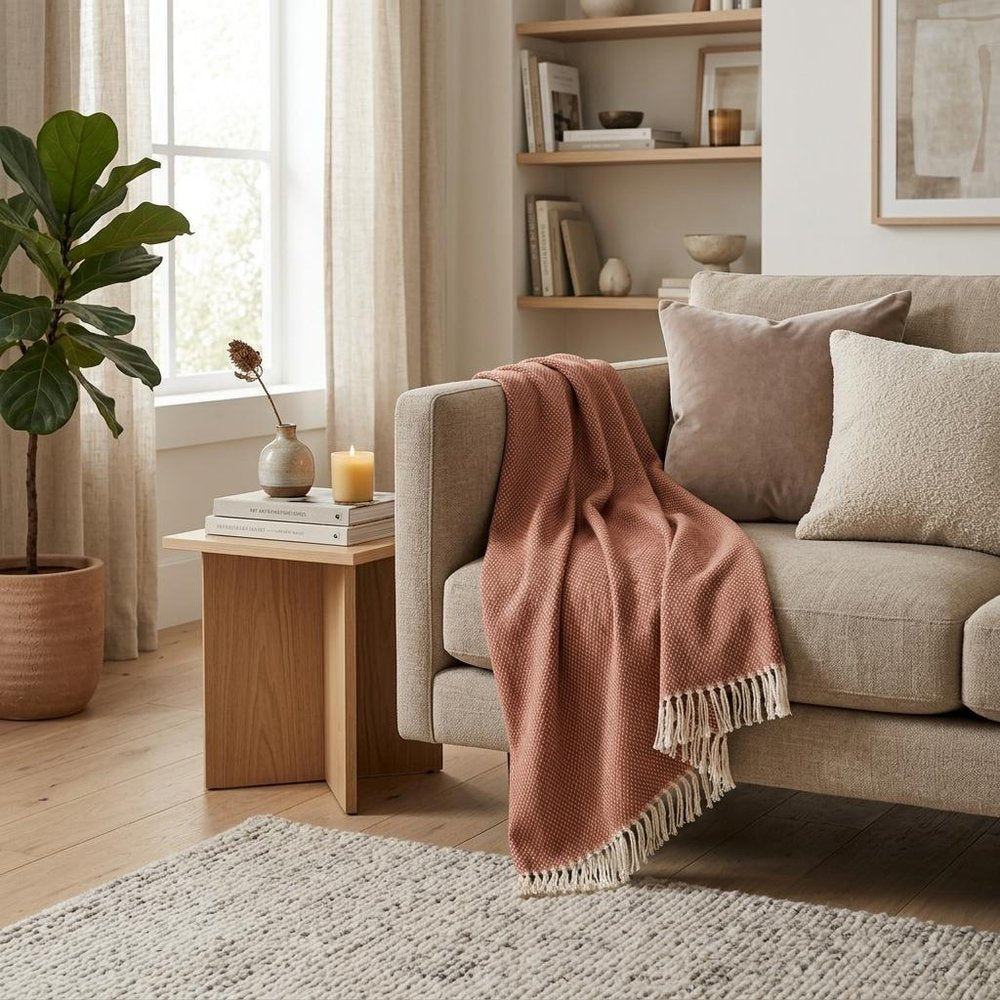 70" X 55" Terra Cotta Woven Cotton Plush Throw Blanket