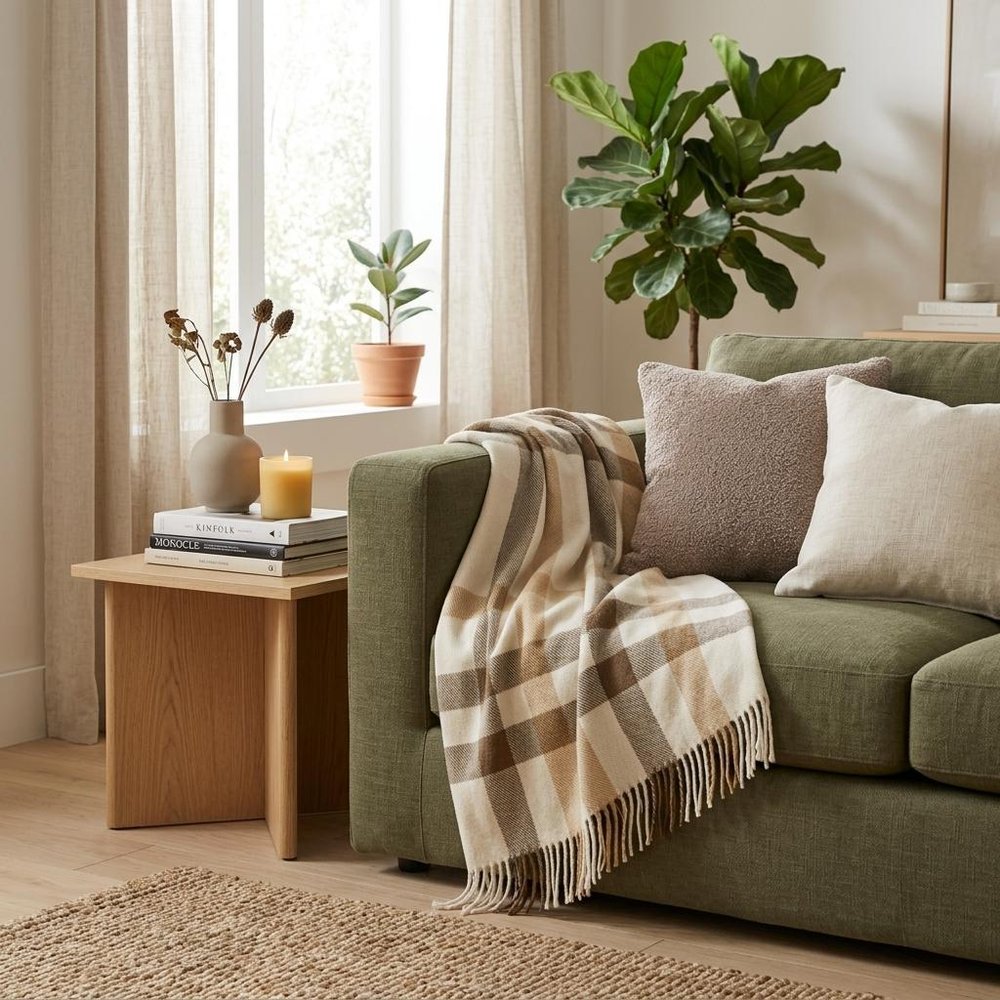 Plush Multi Beige Plaid Throw Blanket with Tassels