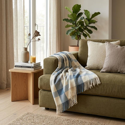 Plush Multi Blue Plaid Throw Blanket with Tassels