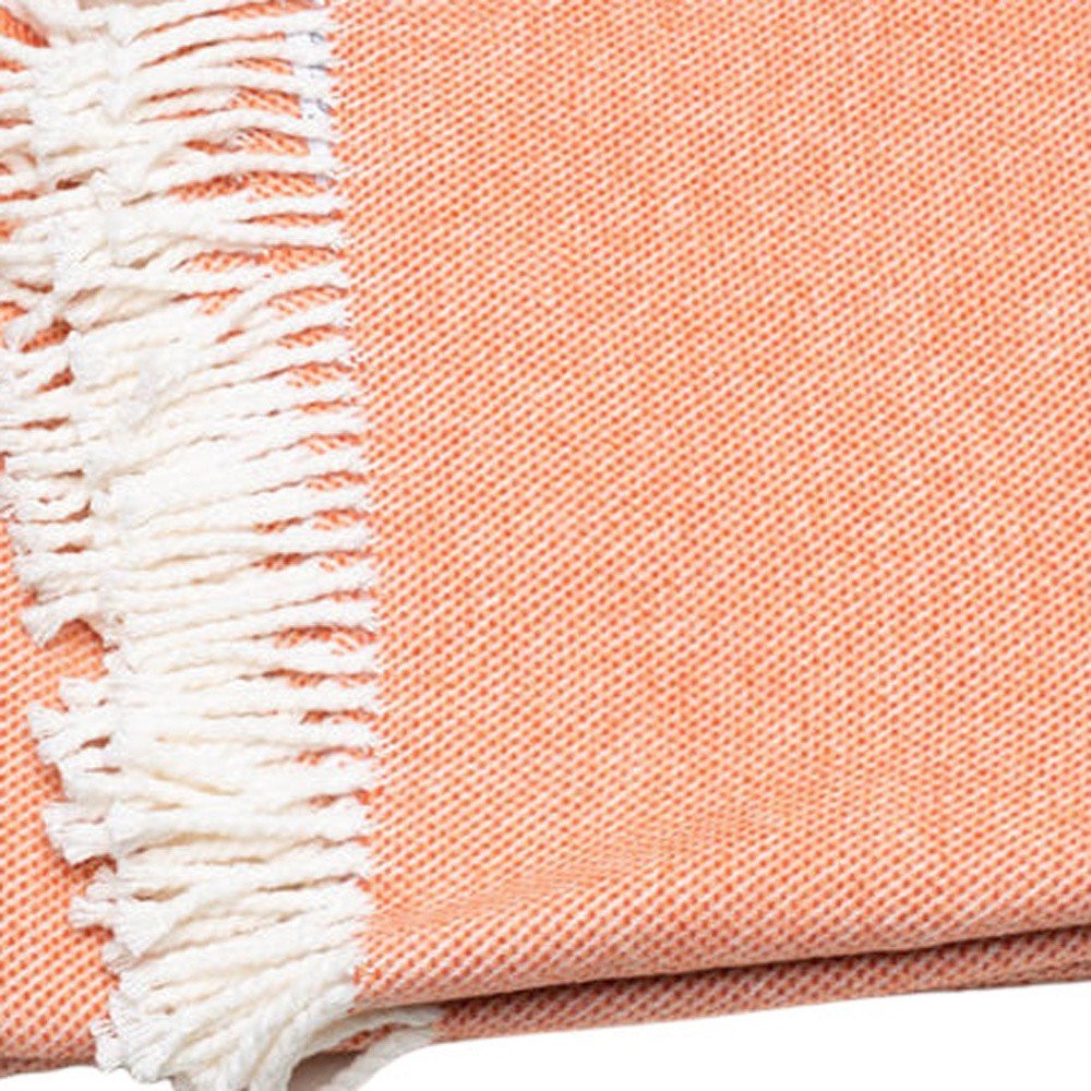 55" X 70" Coral And Ivory Cotton Woven Plush Throw Blanket with Tassels
