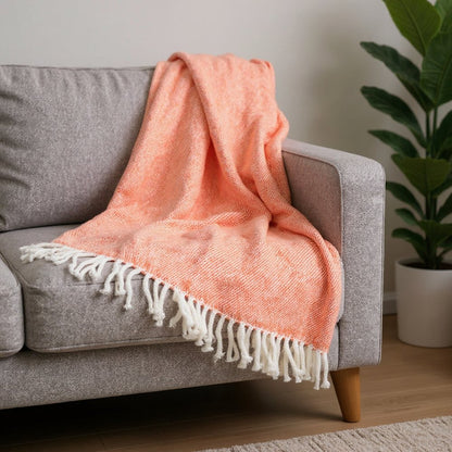 55" X 70" Coral And Ivory Cotton Woven Plush Throw Blanket with Tassels