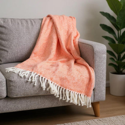 55" X 70" Coral And Ivory Cotton Woven Plush Throw Blanket with Tassels