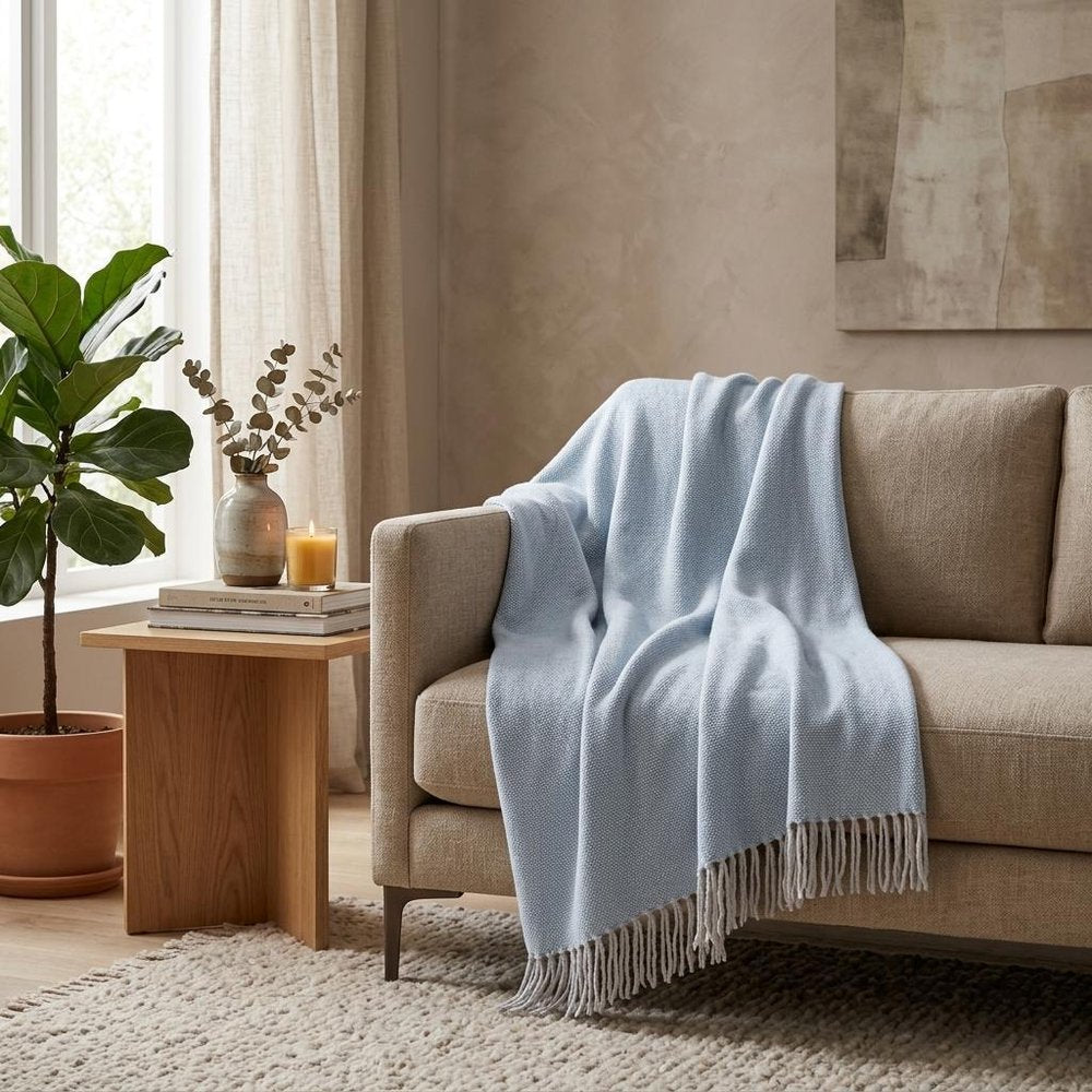Sky Blue Mini Dot Fringed Throw Blanket