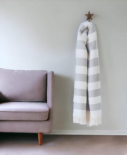 Cream and Gray Slanted Stripe Fringed Throw Blanket