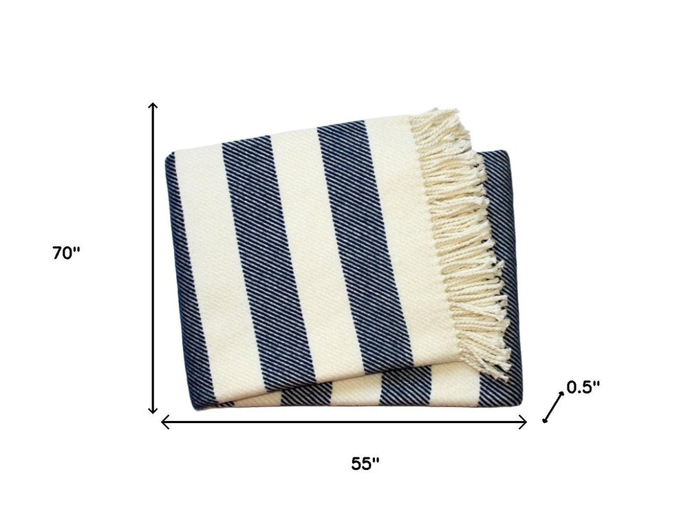55" X 70" Blue And Cream Striped Cotton Plush Throw Blanket
