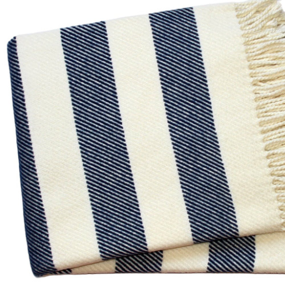 55" X 70" Blue And Cream Striped Cotton Plush Throw Blanket