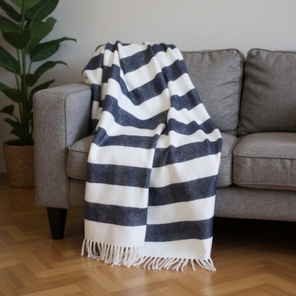 55" X 70" Blue And Cream Striped Cotton Plush Throw Blanket