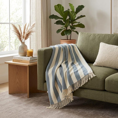 Cream and Slate Slanted Stripe Fringed Throw Blanket