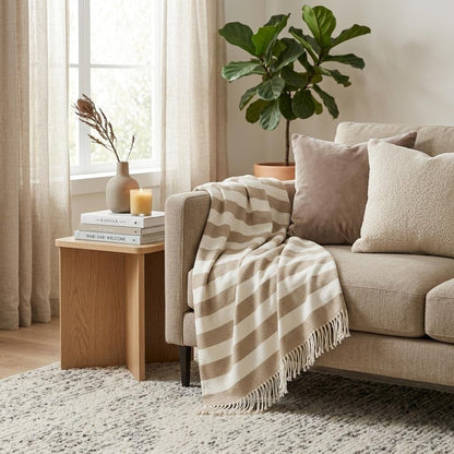 Cream and Stone Slanted Stripe Fringed Throw Blanket