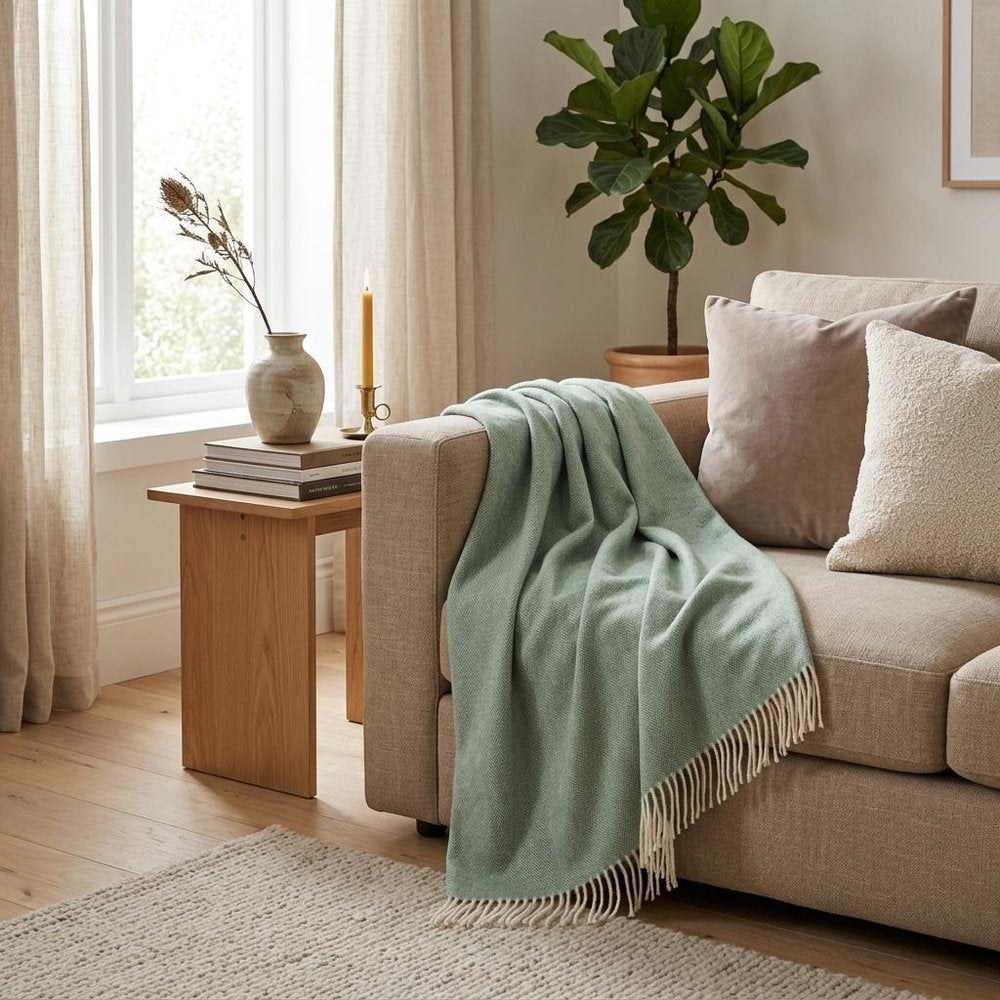 50" X 60" Green And Ivory Woven Herringbone Plush Throw Blanket with Tassels