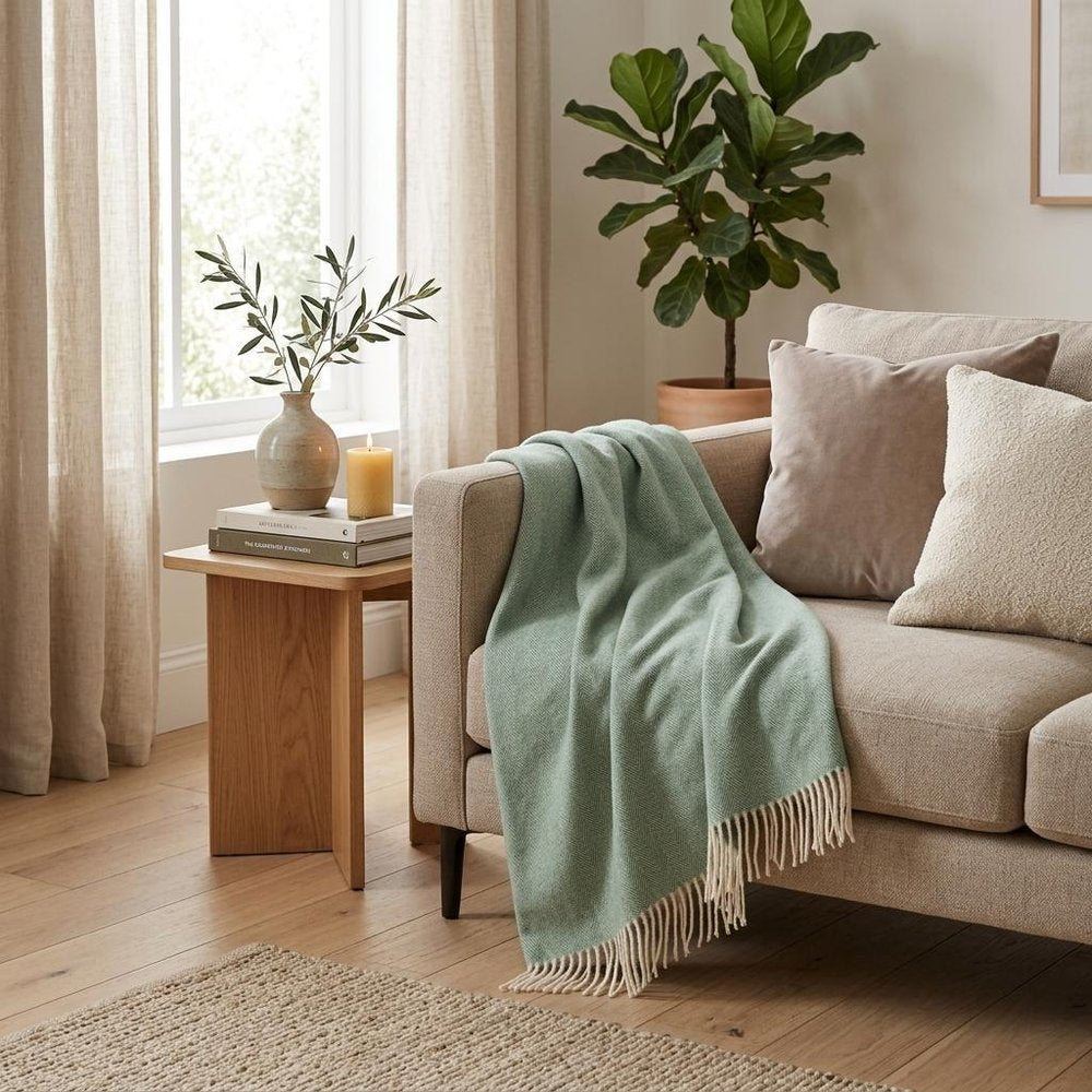 50" X 60" Green And Ivory Woven Herringbone Plush Throw Blanket with Tassels