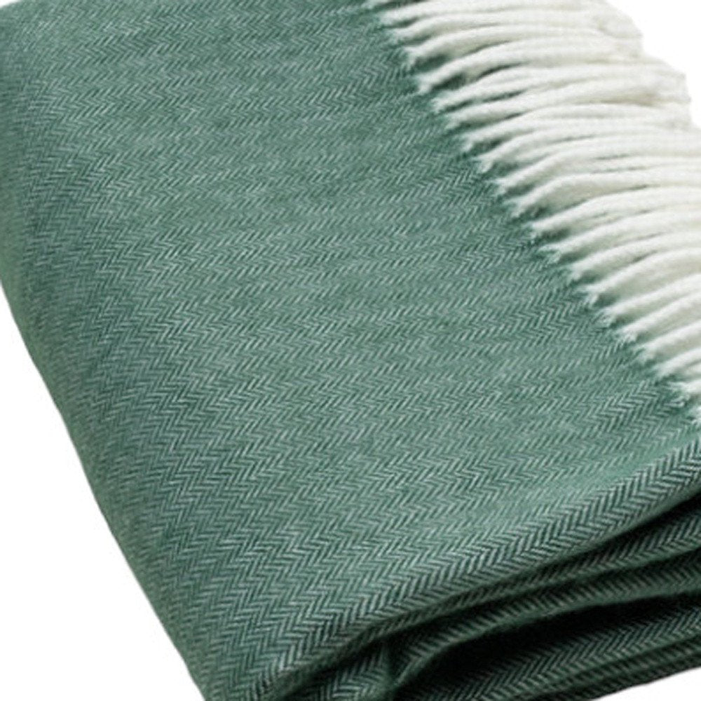 50" X 60" Olive Green And White Woven Herringbone Plush Throw Blanket with Tassels