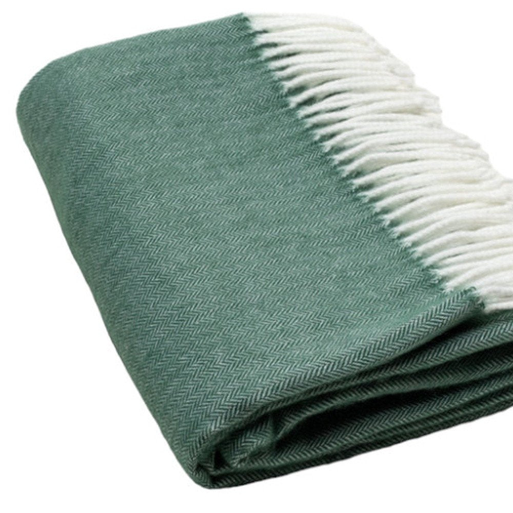 50" X 60" Olive Green And White Woven Herringbone Plush Throw Blanket with Tassels