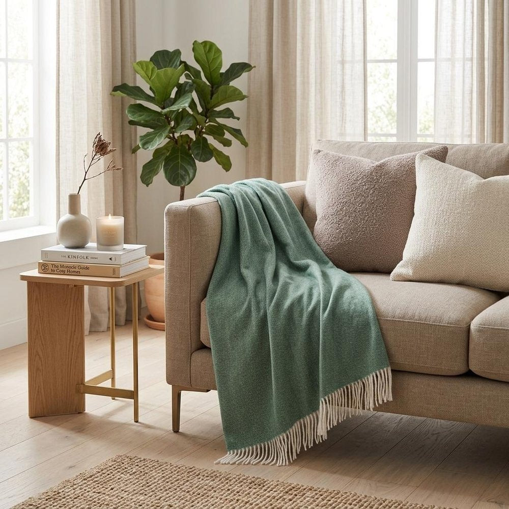 50" X 60" Olive Green And White Woven Herringbone Plush Throw Blanket with Tassels