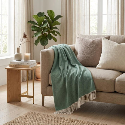 50" X 60" Olive Green And White Woven Herringbone Plush Throw Blanket with Tassels