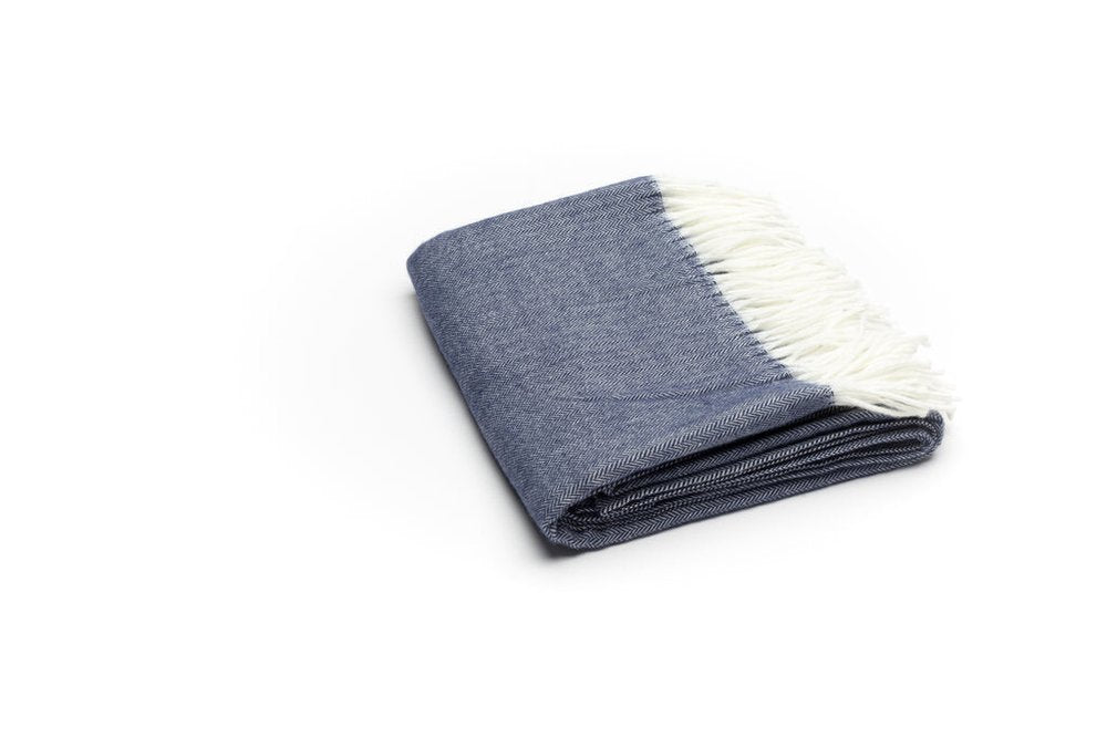 50" X 60" Navy Blue And White Woven Herringbone Plush Throw Blanket