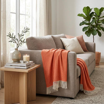50" X 60" Orange And White Woven Herringbone Plush Throw Blanket