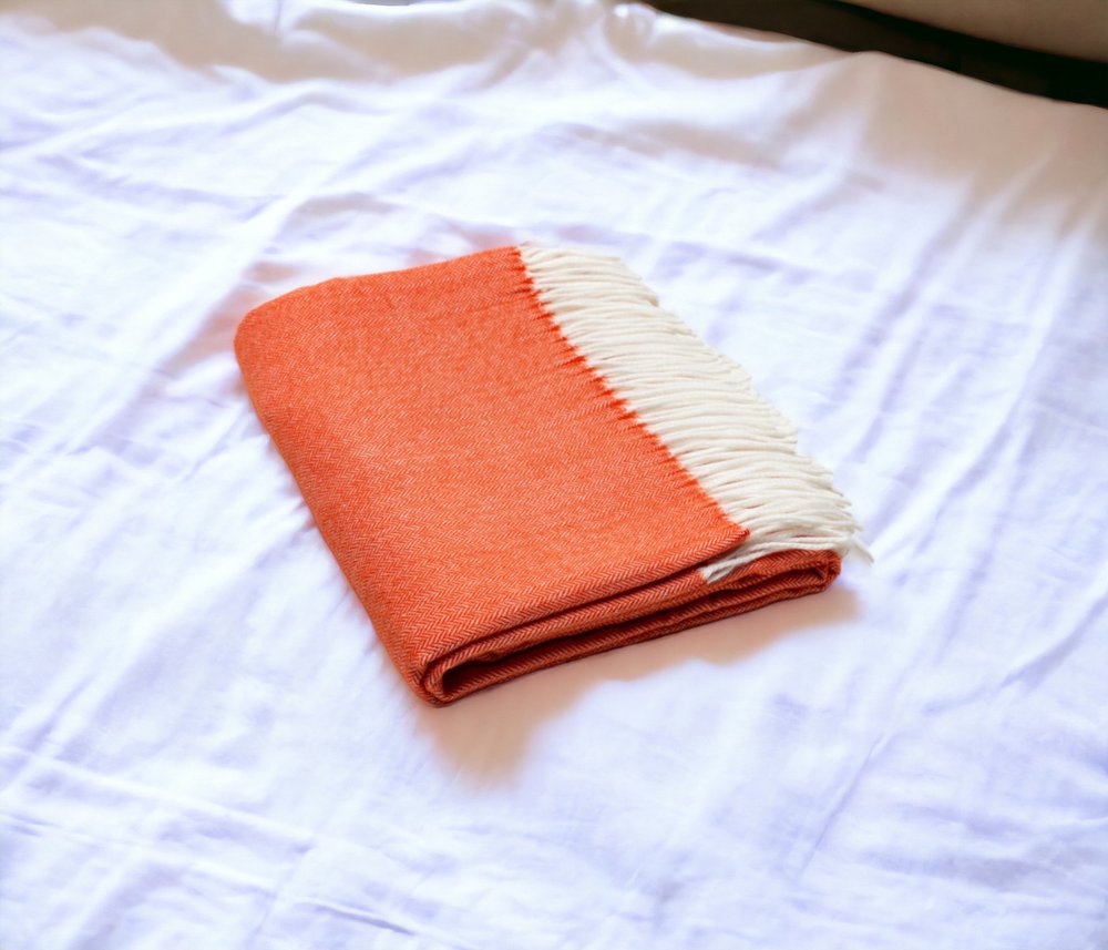 50" X 60" Orange And White Woven Herringbone Plush Throw Blanket
