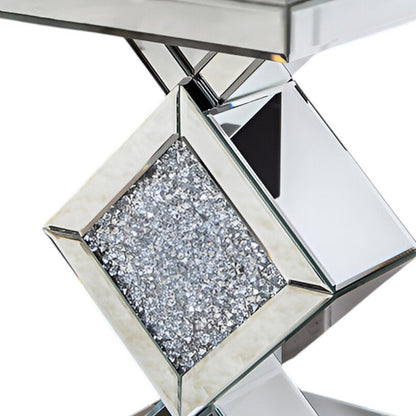24" Silver Mirrored Glass And Faux Crystals End Table