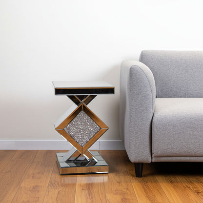24" Silver Mirrored Glass And Faux Crystals End Table