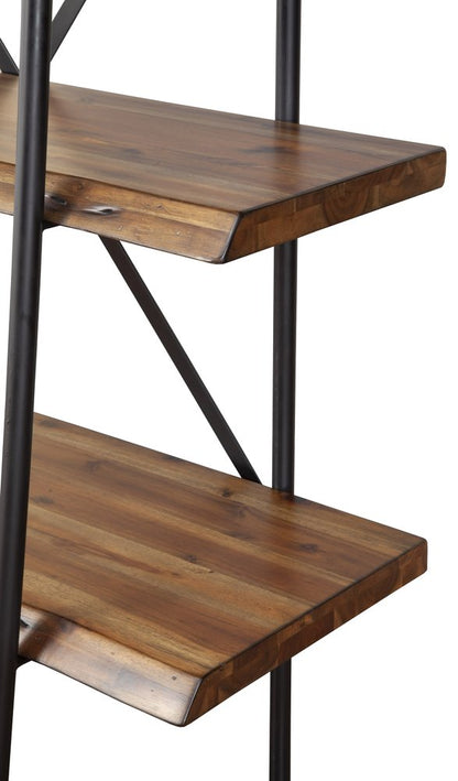 79" Black And Brown Metal and Solid Wood Four Tier Step Bookcase