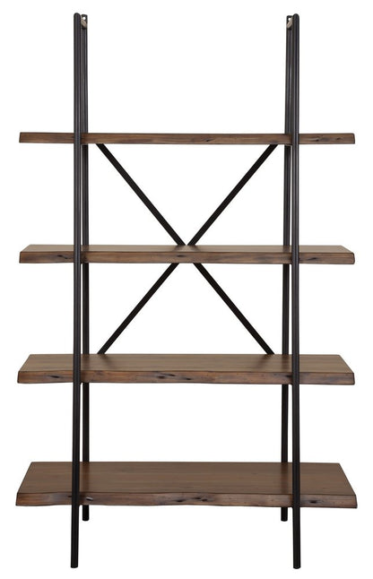 79" Black And Brown Metal and Solid Wood Four Tier Step Bookcase