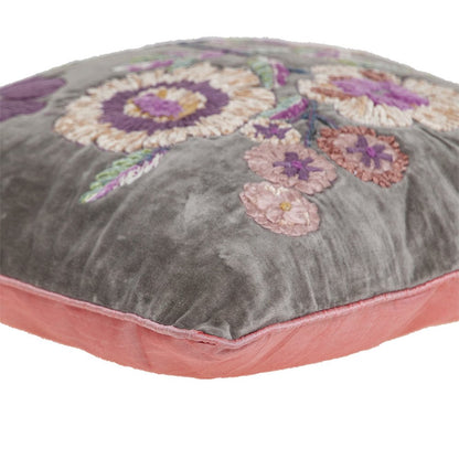 18" Taupe and Purple Cotton Throw Pillow With Embroidery