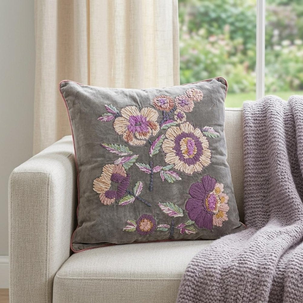 18" Taupe and Purple Cotton Throw Pillow With Embroidery