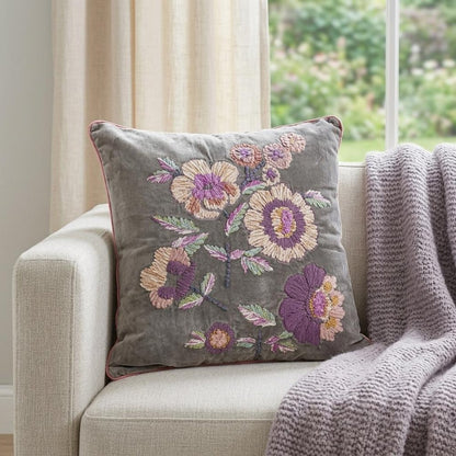 18" Taupe and Purple Cotton Throw Pillow With Embroidery