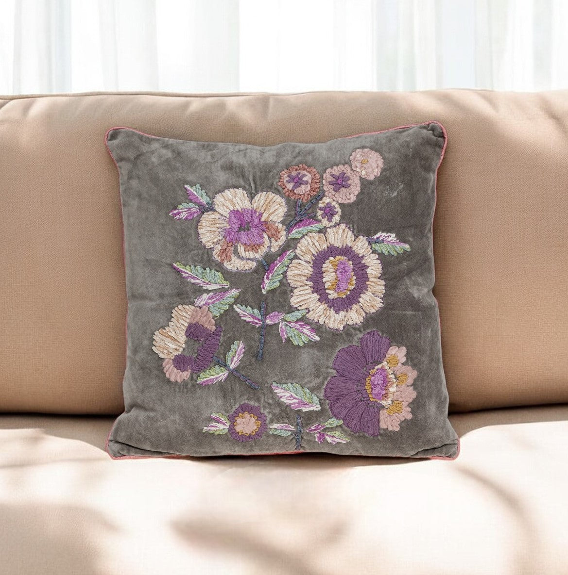 18" Taupe and Purple Cotton Throw Pillow With Embroidery