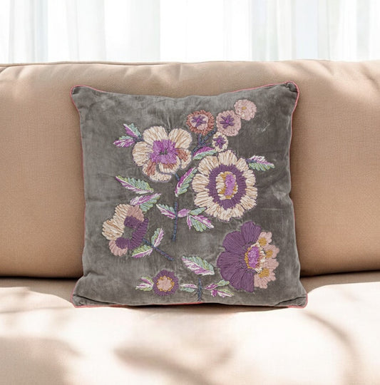 18" Taupe and Purple Cotton Throw Pillow With Embroidery